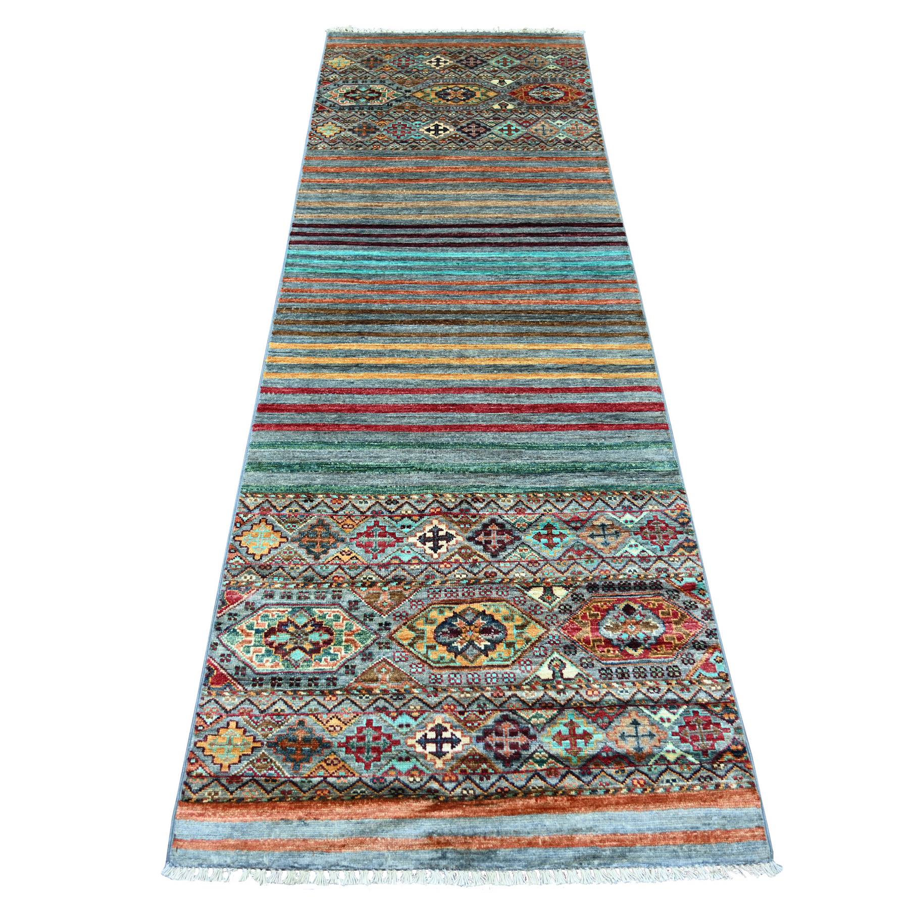 Spanish Gray, Afghan Super Kazak with Khorjin Design, Hand Knotted, Pure Wool, Vegetable Dyes, Runner, Oriental Rug